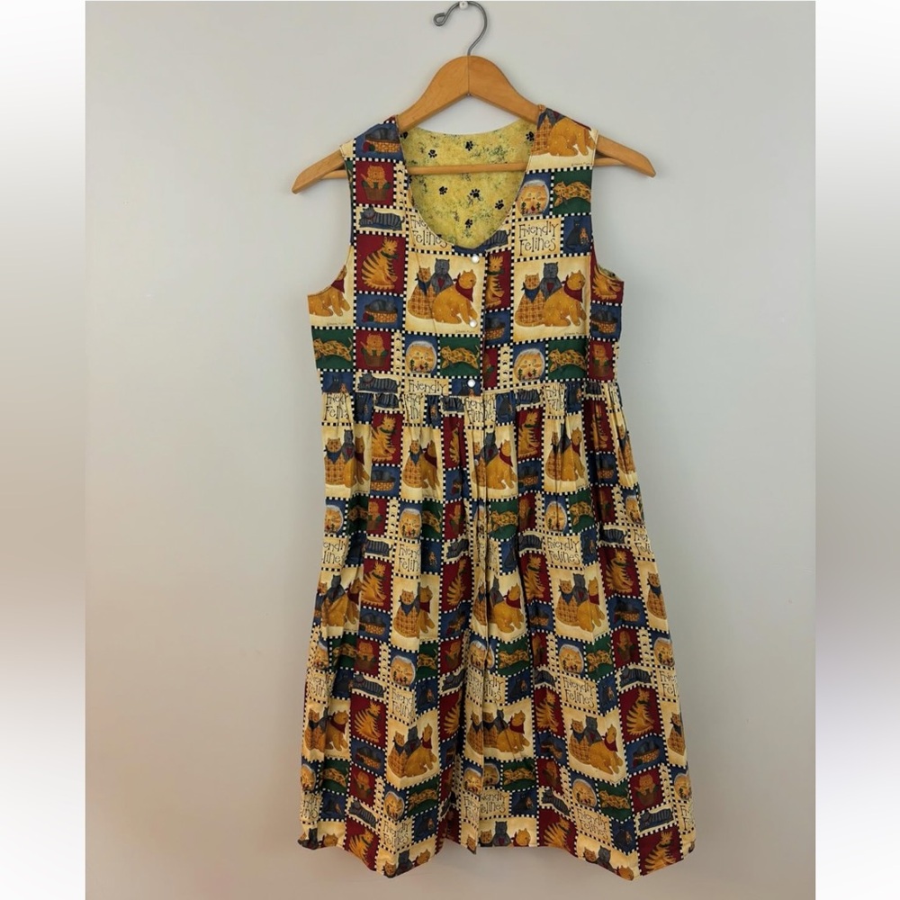 Handmade Reversible Cat Print Dress with Pearl Snap Buttons